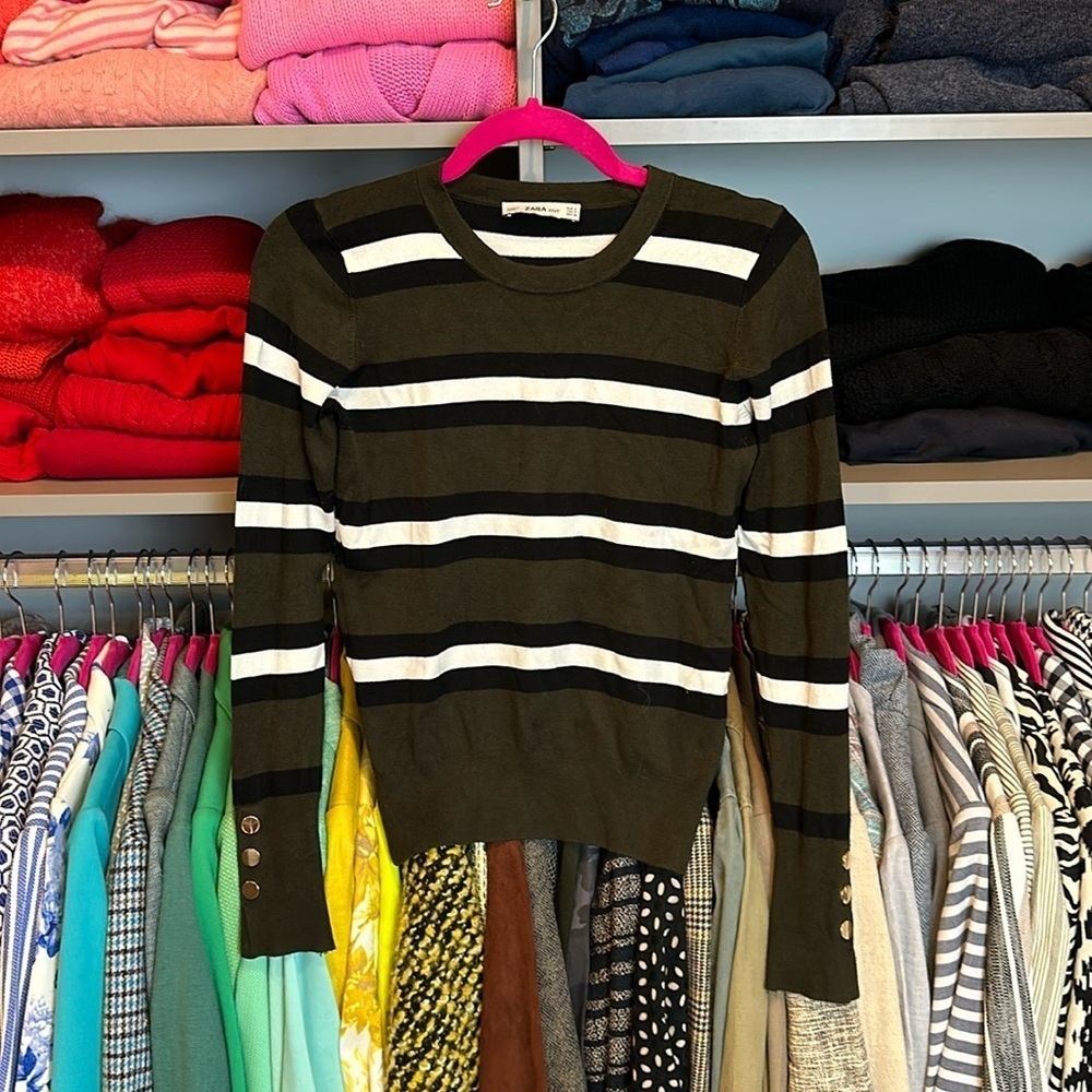 Zara dark green/white/black striped long sleeve crew neck sweater size S